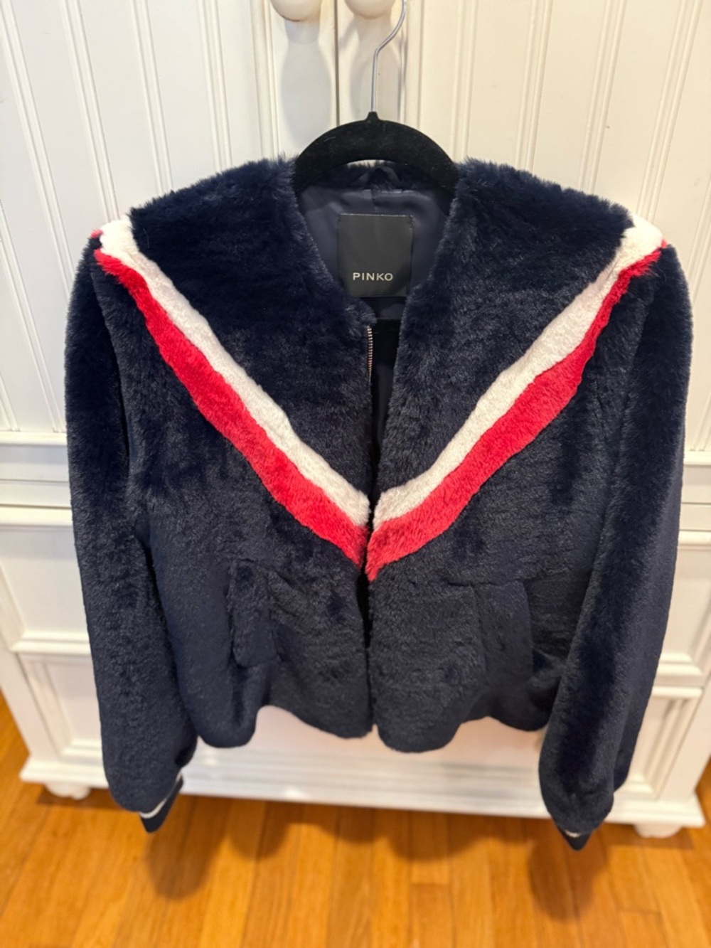 Pinko Navy Teddy Bomber Jacket with Red and White Chevron Trim